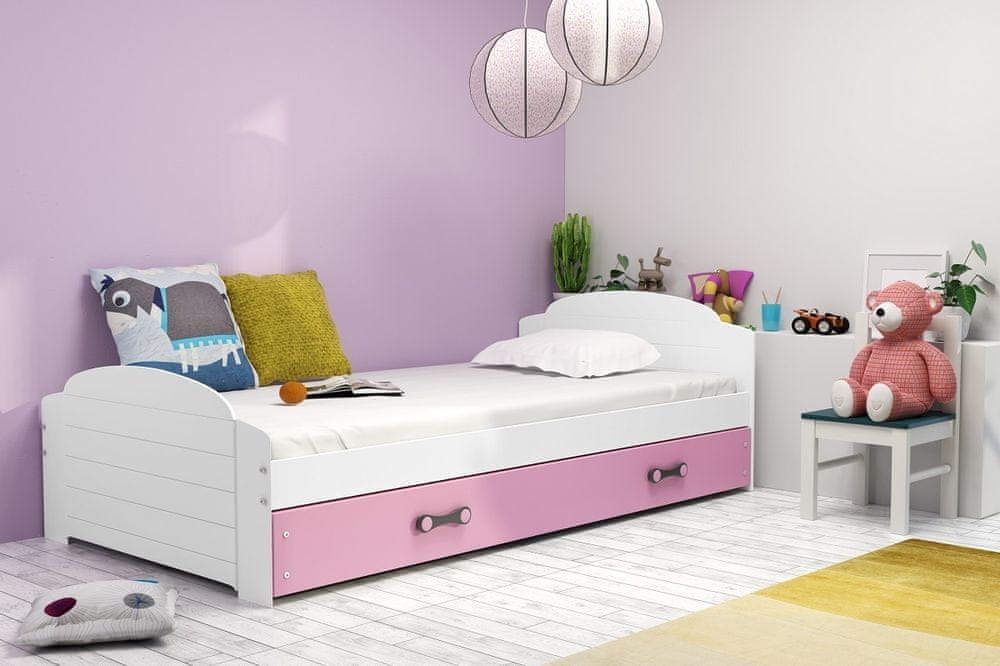 eoshop Detská posteľ Liali - 1 osoba, 90x200 s úložným priestorom - Biela, Ružová